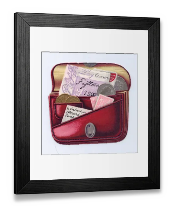 Framed Print : Red purse full of money on a cutout card Framed Print : Red purse full of money on a cutout card