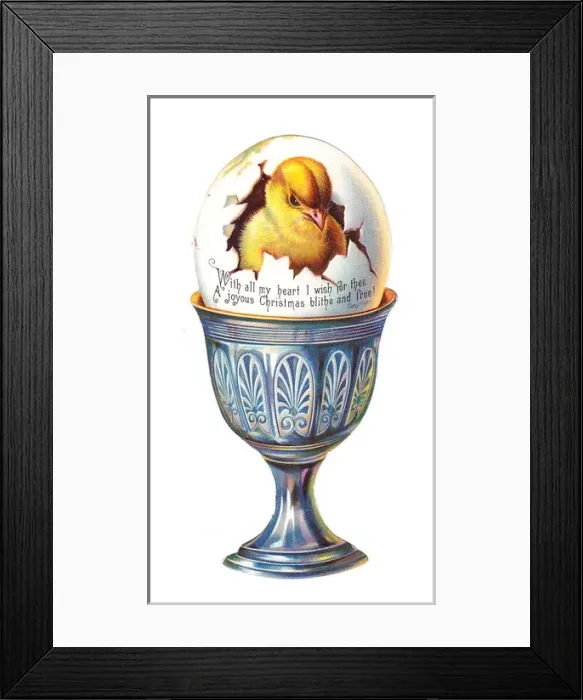 Framed Print : Chick in an eggcup on a cutout Christmas card Framed Print : Chick in an eggcup on a cutout Christmas card