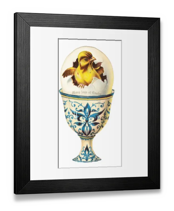 Framed Print : Chick in an eggcup on a cutout Easter card Framed Print : Chick in an eggcup on a cutout Easter card