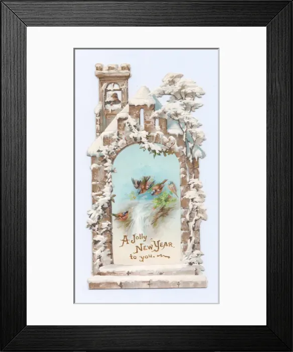 Framed Print : Birds inside a church on a New Year card Framed Print : Birds inside a church on a New Year card