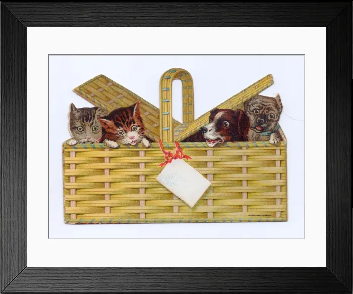 Framed Print : Cats and dogs in a basket on a cutout greetings card Framed Print : Cats and dogs in a basket on a cutout greetings card