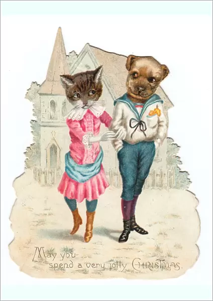 Humanised cat and dog on a cutout Christmas card