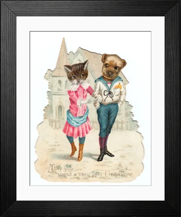 Framed Print : Humanised cat and dog on a cutout Christmas card Framed Print : Humanised cat and dog on a cutout Christmas card