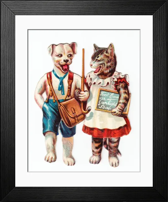 Framed Print : Humanised cat and dog on a cutout greetings card Framed Print : Humanised cat and dog on a cutout greetings card