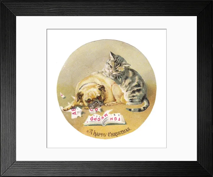 Framed Print : Cat and dog on a circular Christmas card Framed Print : Cat and dog on a circular Christmas card