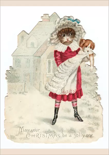 Humanised cat with baby dog on a cutout Christmas card