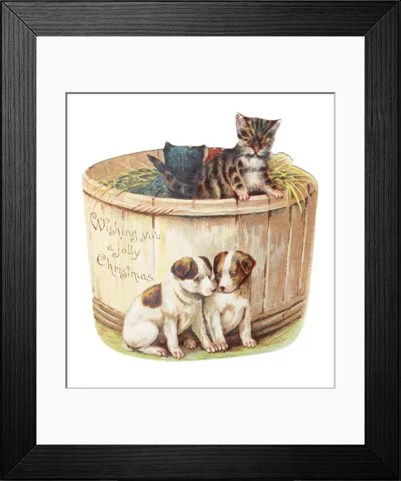 Framed Print : Kittens and puppies on a tub-shaped Christmas card Framed Print : Kittens and puppies on a tub-shaped Christmas card
