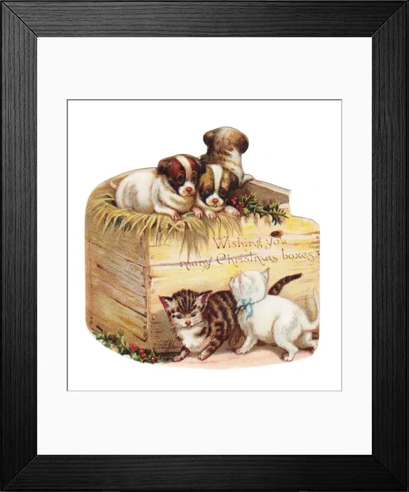 Framed Print : Kittens and puppies on a box-shaped Christmas card Framed Print : Kittens and puppies on a box-shaped Christmas card