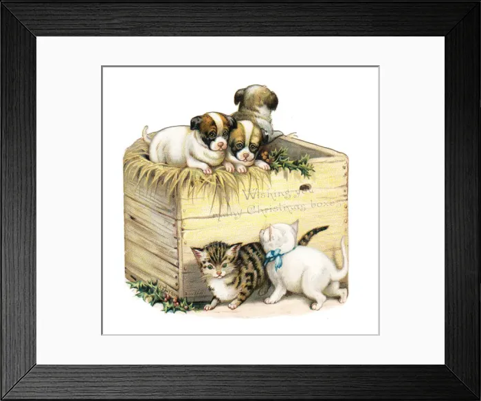 Framed Print : Kittens and puppies on a box-shaped Christmas card Framed Print : Kittens and puppies on a box-shaped Christmas card