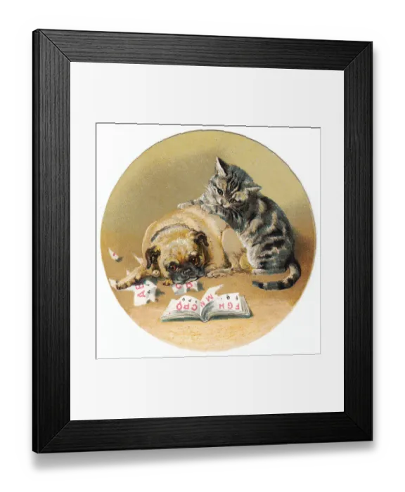 Framed Print : Cat and dog on a circular greetings card Framed Print : Cat and dog on a circular greetings card