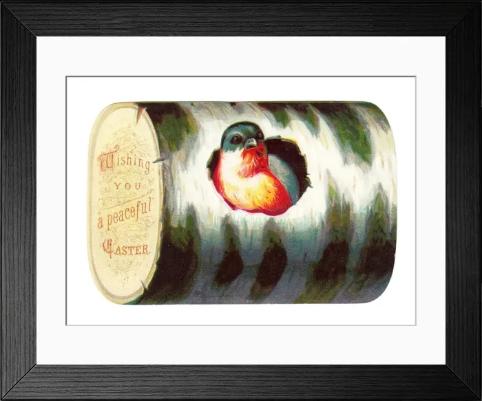 Framed Print : Easter card in the shape of a log with robin Framed Print : Easter card in the shape of a log with robin