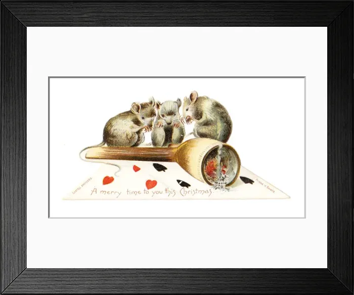 Framed Print : Three mice and a pipe on a cutout Christmas card Framed Print : Three mice and a pipe on a cutout Christmas card