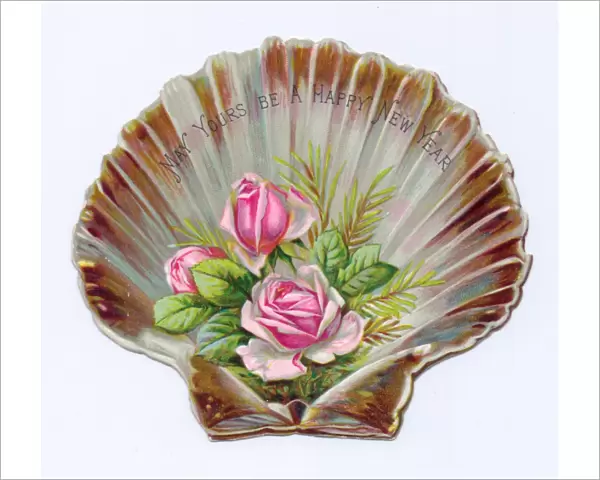 Pink roses on a shell-shaped New Year card