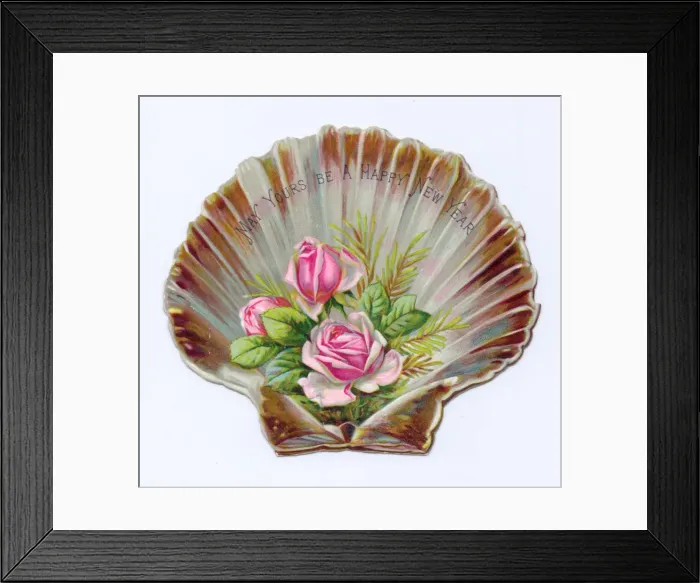 Framed Print : Pink roses on a shell-shaped New Year card Framed Print : Pink roses on a shell-shaped New Year card