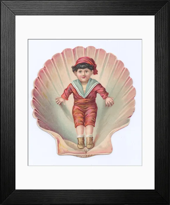 Framed Print : Little boy on a shell-shaped greetings card Framed Print : Little boy on a shell-shaped greetings card