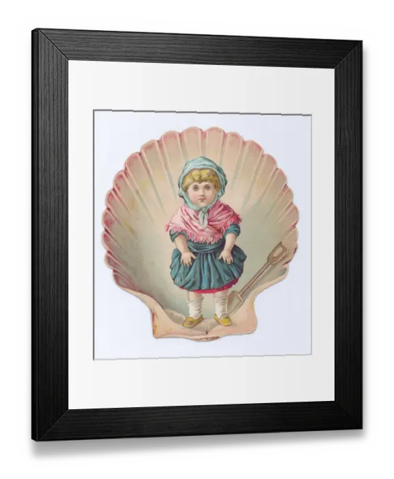 Framed Print : Little girl on a shell-shaped greetings card Framed Print : Little girl on a shell-shaped greetings card