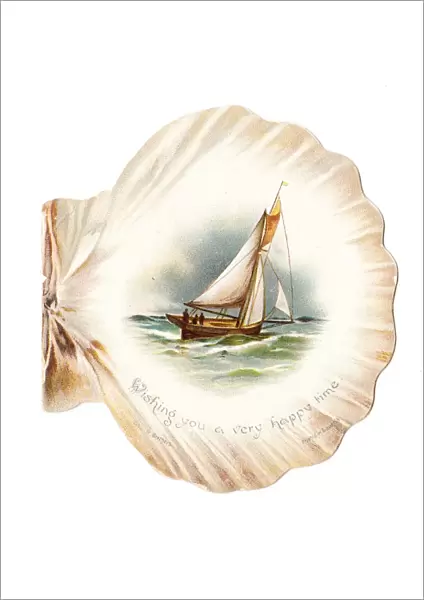 Sailing boat on a shell-shaped greetings card