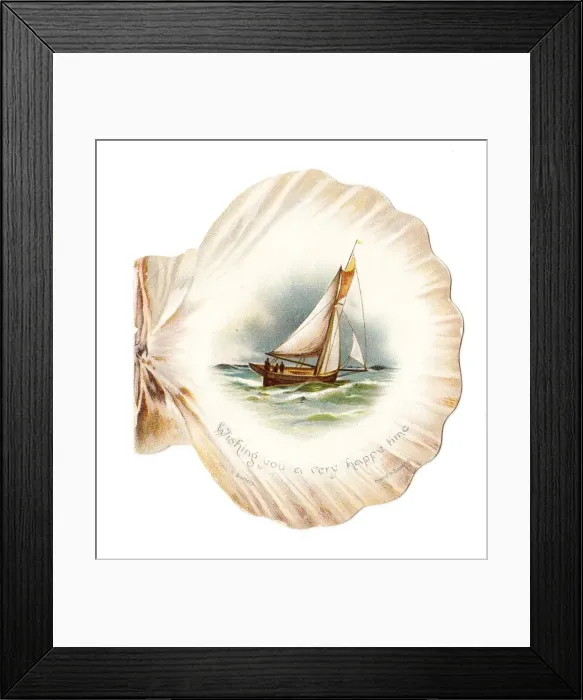 Framed Print : Sailing boat on a shell-shaped greetings card Framed Print : Sailing boat on a shell-shaped greetings card
