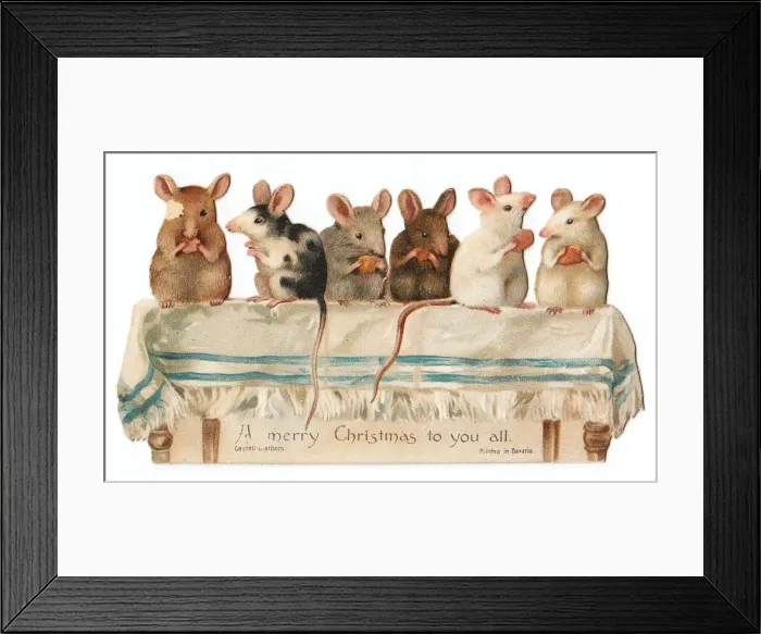 Framed Print : Six mice on a table on a cutout Christmas card Framed Print : Six mice on a table on a cutout Christmas card
