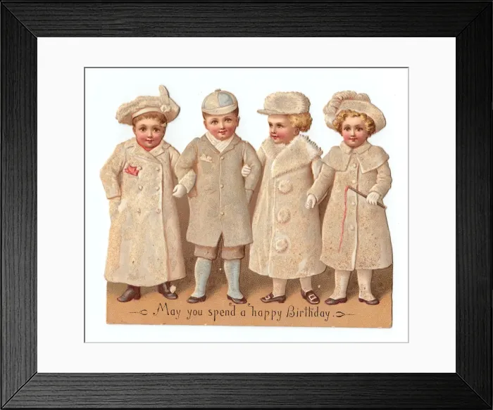 Framed Print : Four children on a cutout birthday card Framed Print : Four children on a cutout birthday card
