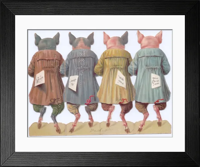 Framed Print : Four pigs with festive food on a cutout Christmas card Framed Print : Four pigs with festive food on a cutout Christmas card