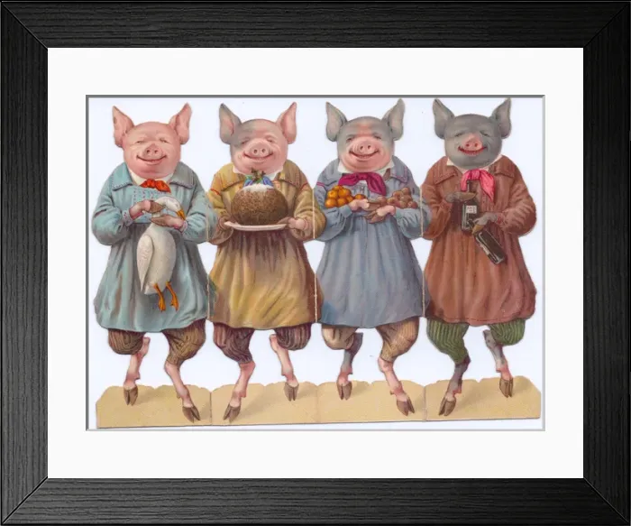 Framed Print : Four pigs with festive food on a cutout Christmas card Framed Print : Four pigs with festive food on a cutout Christmas card