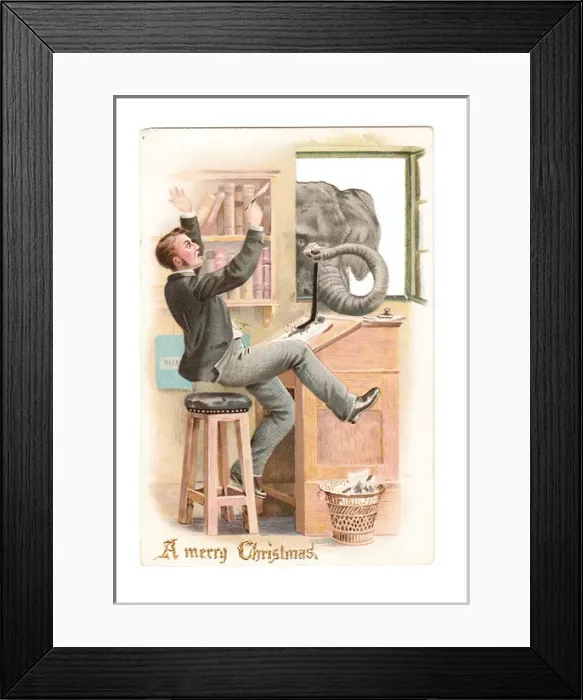 Framed Print : Man surprised by elephant on a cutout Christmas card Framed Print : Man surprised by elephant on a cutout Christmas card