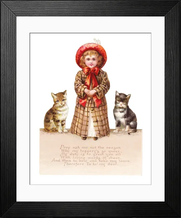 Framed Print : Girl with two cats on a cutout greetings card Framed Print : Girl with two cats on a cutout greetings card