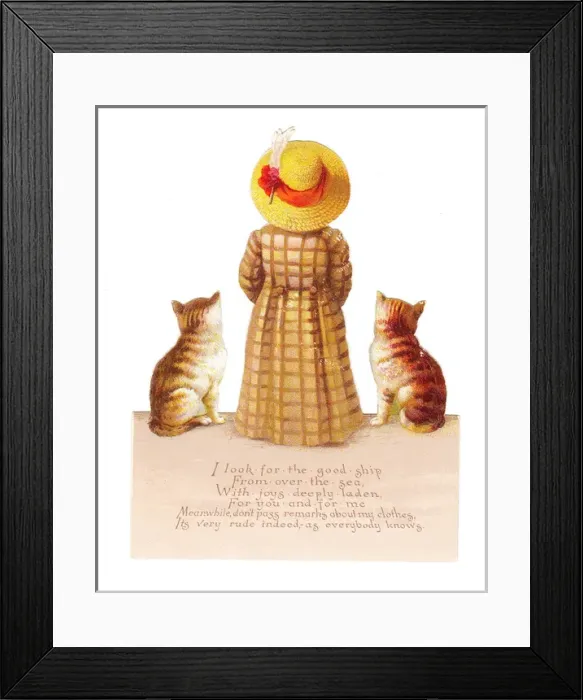 Framed Print : Girl with two cats on a cutout greetings card Framed Print : Girl with two cats on a cutout greetings card