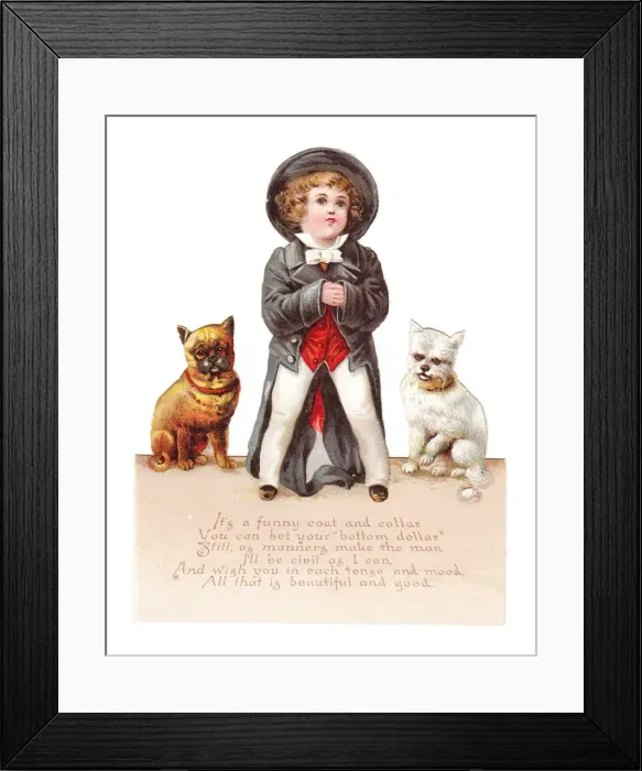Framed Print : Boy with two dogs on a cutout New Year card Framed Print : Boy with two dogs on a cutout New Year card