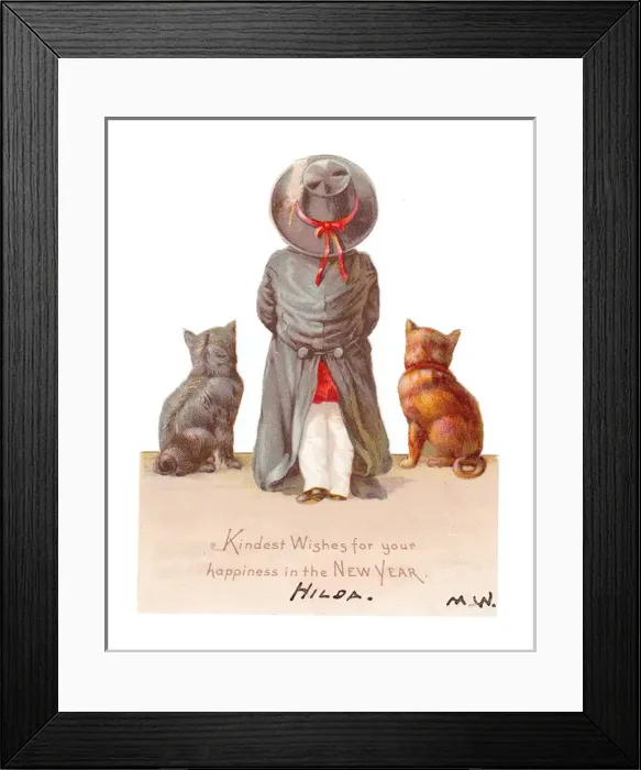Framed Print : Boy with two dogs on a cutout New Year card Framed Print : Boy with two dogs on a cutout New Year card