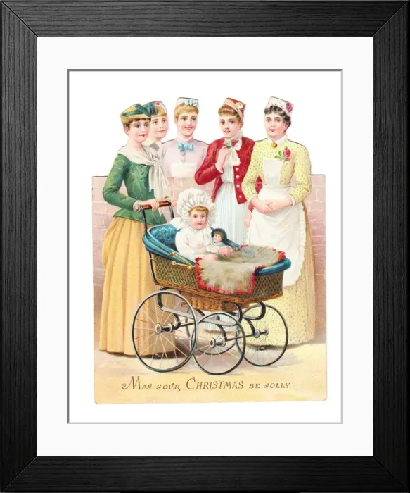 Framed Print : Five women with baby in pram on a cutout Christmas card Framed Print : Five women with baby in pram on a cutout Christmas card