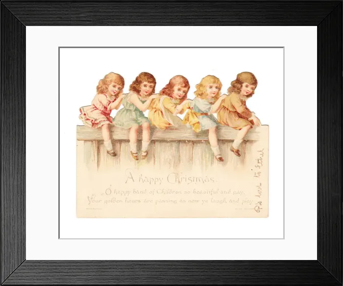 Framed Print : Five girls on a fence on a cutout Christmas card Framed Print : Five girls on a fence on a cutout Christmas card