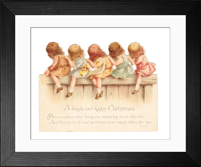 Framed Print : Five girls on a fence on a cutout Christmas card Framed Print : Five girls on a fence on a cutout Christmas card