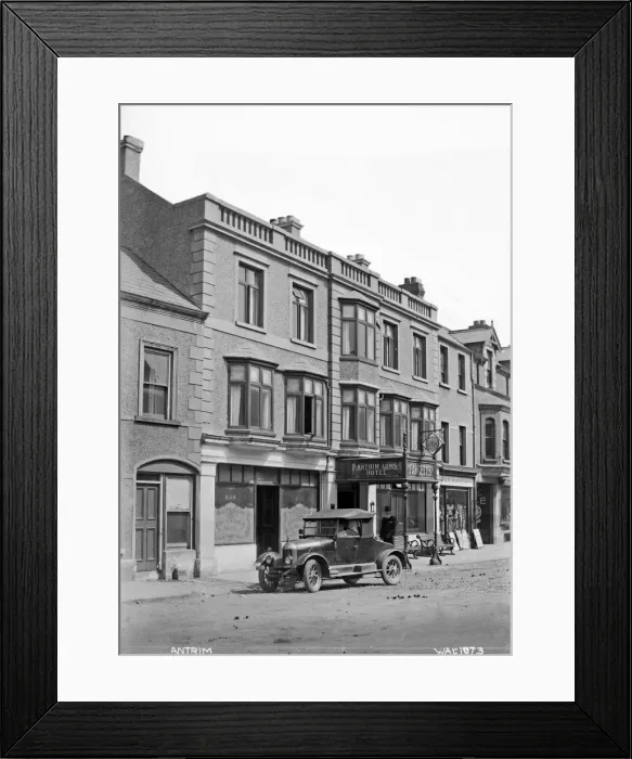 Framed Print : Antrim - a photograph of the Antrim arms hotel with a motor car outside Framed Print : Antrim - a photograph of the Antrim arms hotel with a motor car outside