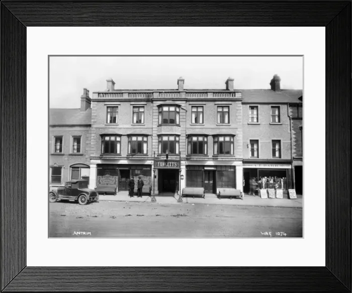 Framed Print : Antrim - a photograph of the Antrim arms hotel with a motor car outside Framed Print : Antrim - a photograph of the Antrim arms hotel with a motor car outside