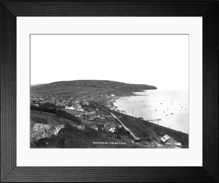 Framed Print : Whitehead - a panoramic view of the town and the bay showing blackhead Framed Print : Whitehead - a panoramic view of the town and the bay showing blackhead