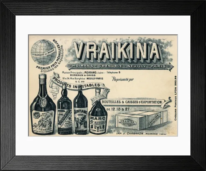 Framed Print : Four bottles of liquor produced by the Vraikina Company Framed Print : Four bottles of liquor produced by the Vraikina Company