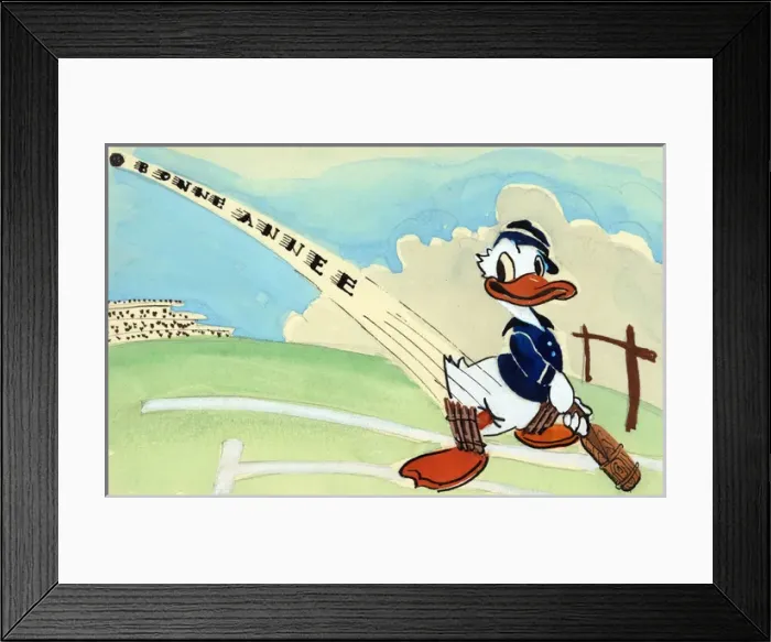 Framed Print : Hand-drawn and painted postcard featuring a cricketing Duck Framed Print : Hand-drawn and painted postcard featuring a cricketing Duck