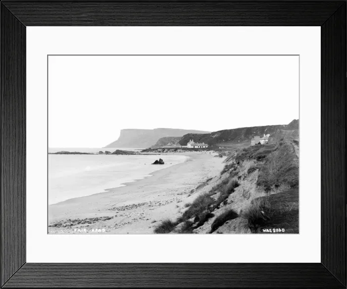 Framed Print : Fair Head - a view along the beach with buildings to Fair Head Framed Print : Fair Head - a view along the beach with buildings to Fair Head