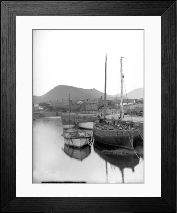 Framed Print : Annalong - a vertical view of the harbour and fishing boats and the Mournes behind Framed Print : Annalong - a vertical view of the harbour and fishing boats and the Mournes behind