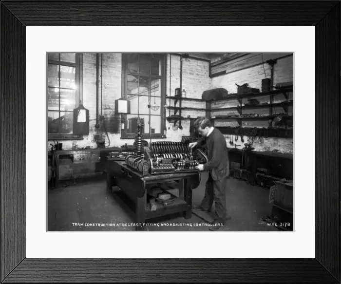 Framed Print : Tram Construction at Belfast, Fitting and Adjusting Controll Framed Print : Tram Construction at Belfast, Fitting and Adjusting Controll