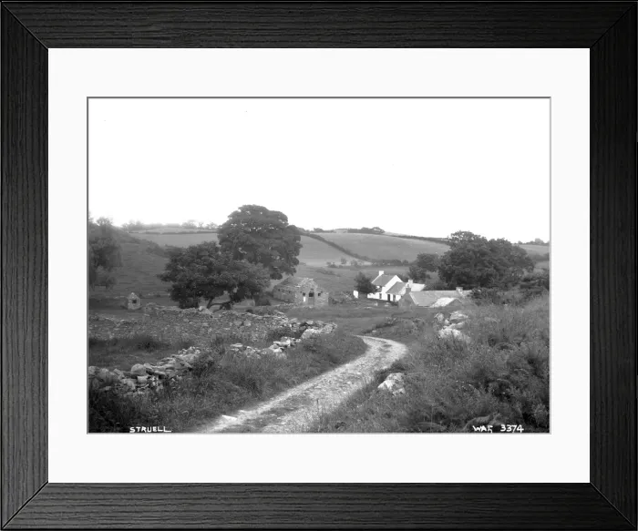 Framed Print : Struell - a panoramic view down a road towards the Holy Wells and other buildings Framed Print : Struell - a panoramic view down a road towards the Holy Wells and other buildings