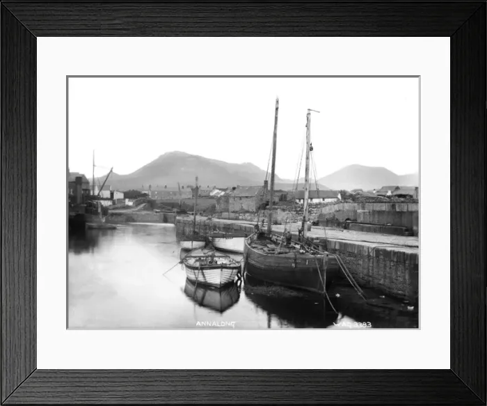 Framed Print : Annalong - a view looking up to the Mournes, with boats in the foreground at the pier Framed Print : Annalong - a view looking up to the Mournes, with boats in the foreground at the pier