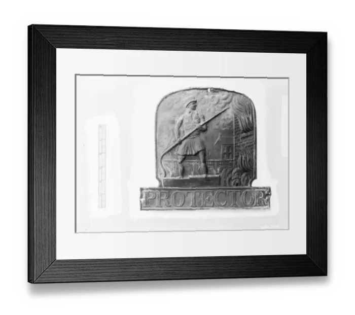Framed Print : A view of a fireman plaque entitled Protector Framed Print : A view of a fireman plaque entitled Protector