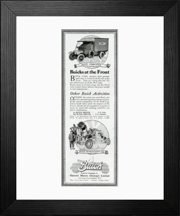 Framed Print : Advert for Buick, Red Cross ambulances 1916 Framed Print : Advert for Buick, Red Cross ambulances 1916