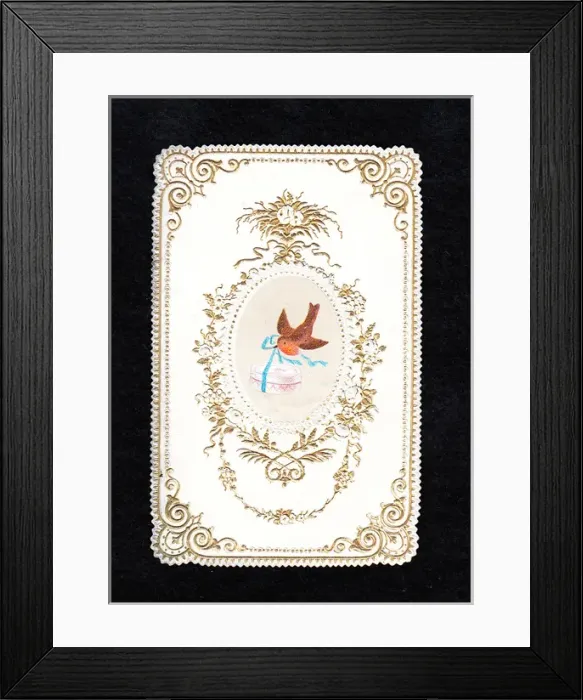 Framed Print : Robin with present on a Christmas card Framed Print : Robin with present on a Christmas card