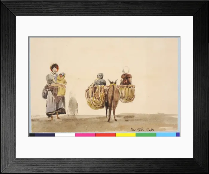Framed Print : Woman with Baby, and Donkey with Panniers Carrying two Child Framed Print : Woman with Baby, and Donkey with Panniers Carrying two Child