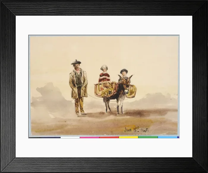 Framed Print : Man with Donkey Carrying two Children in Panniers Framed Print : Man with Donkey Carrying two Children in Panniers