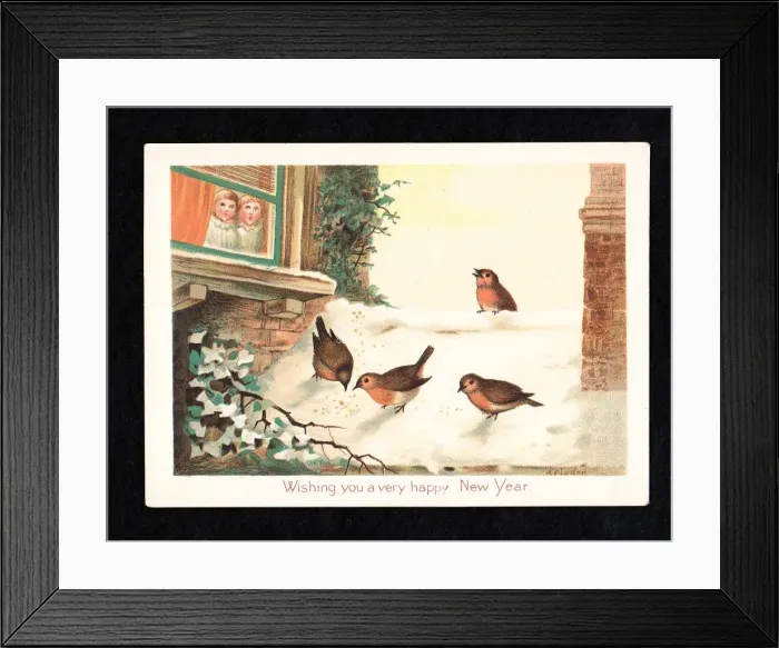 Framed Print : Four robins in the snow on a New Year card Framed Print : Four robins in the snow on a New Year card